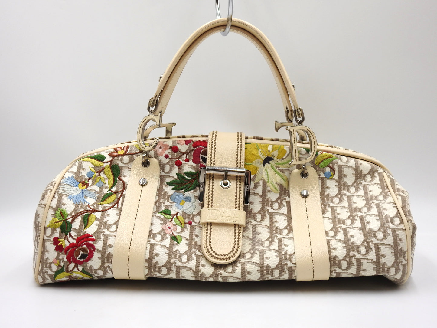 Christian Dior Trotter Embroidered Flower Tote Hand Bag Canvas Beige