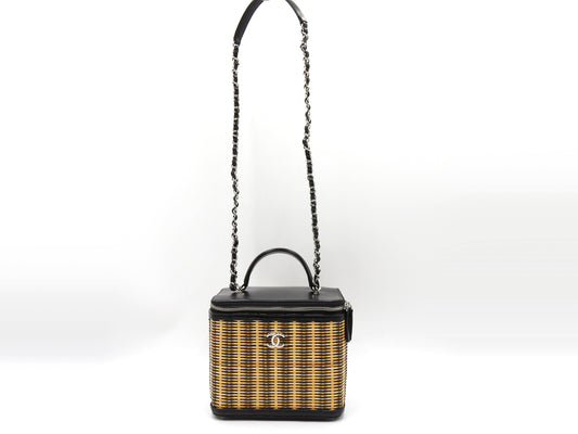 CHANEL CC Top Handle Chain Shoulder Vanity Bag Raffia Leather Beige Black