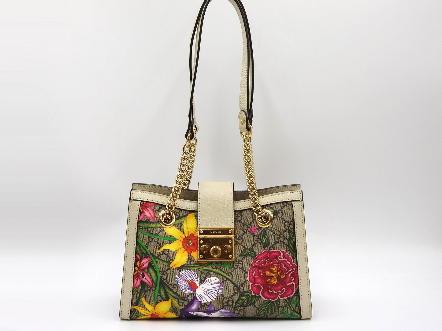 GUCCI GG Flora Supreme Padlock Small Tote Shoulder Bag Beige White 498156