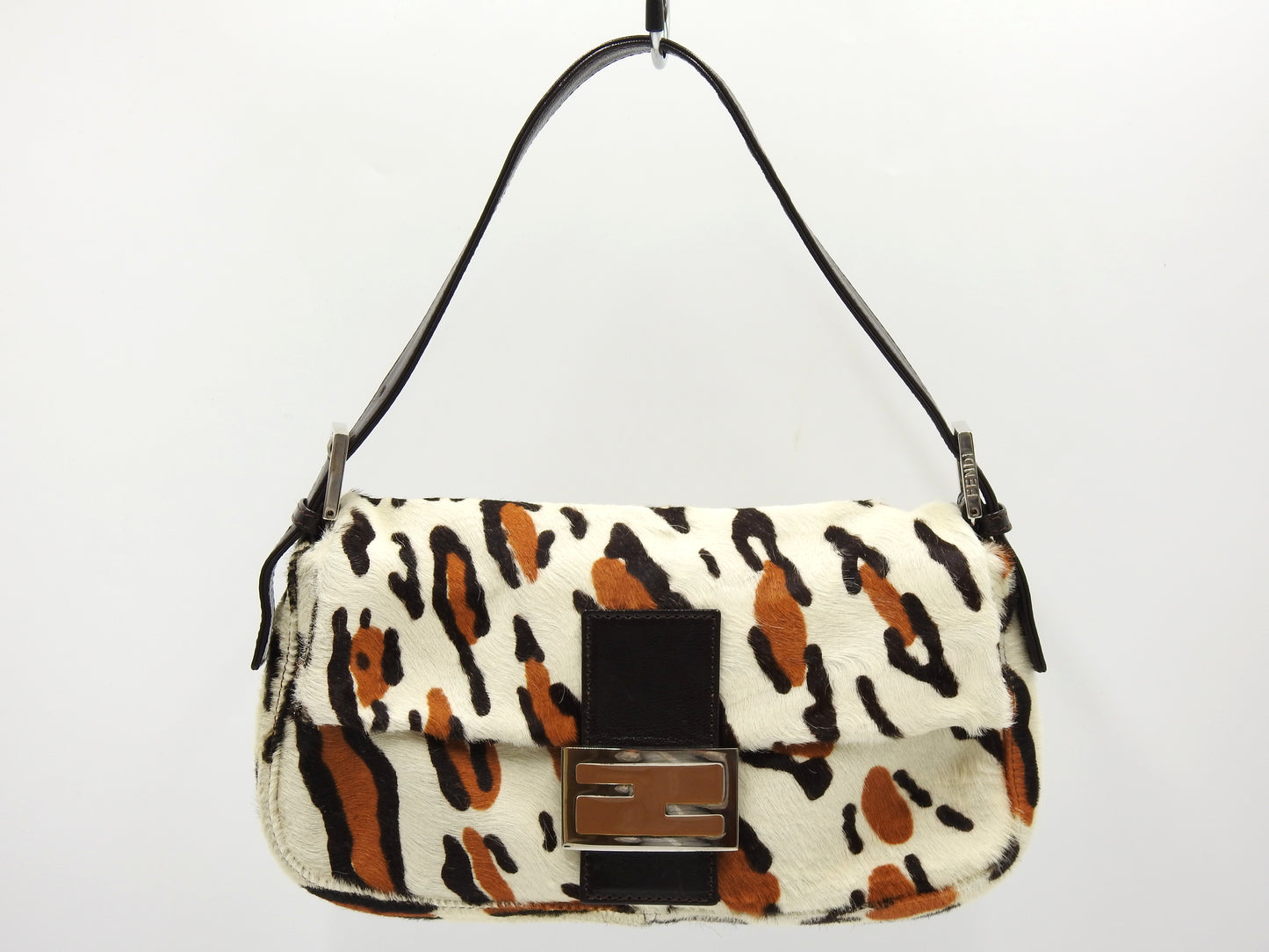 FENDI Leopard Mamma Baguette Shoulder Hand Bag Leather White Brown Silver