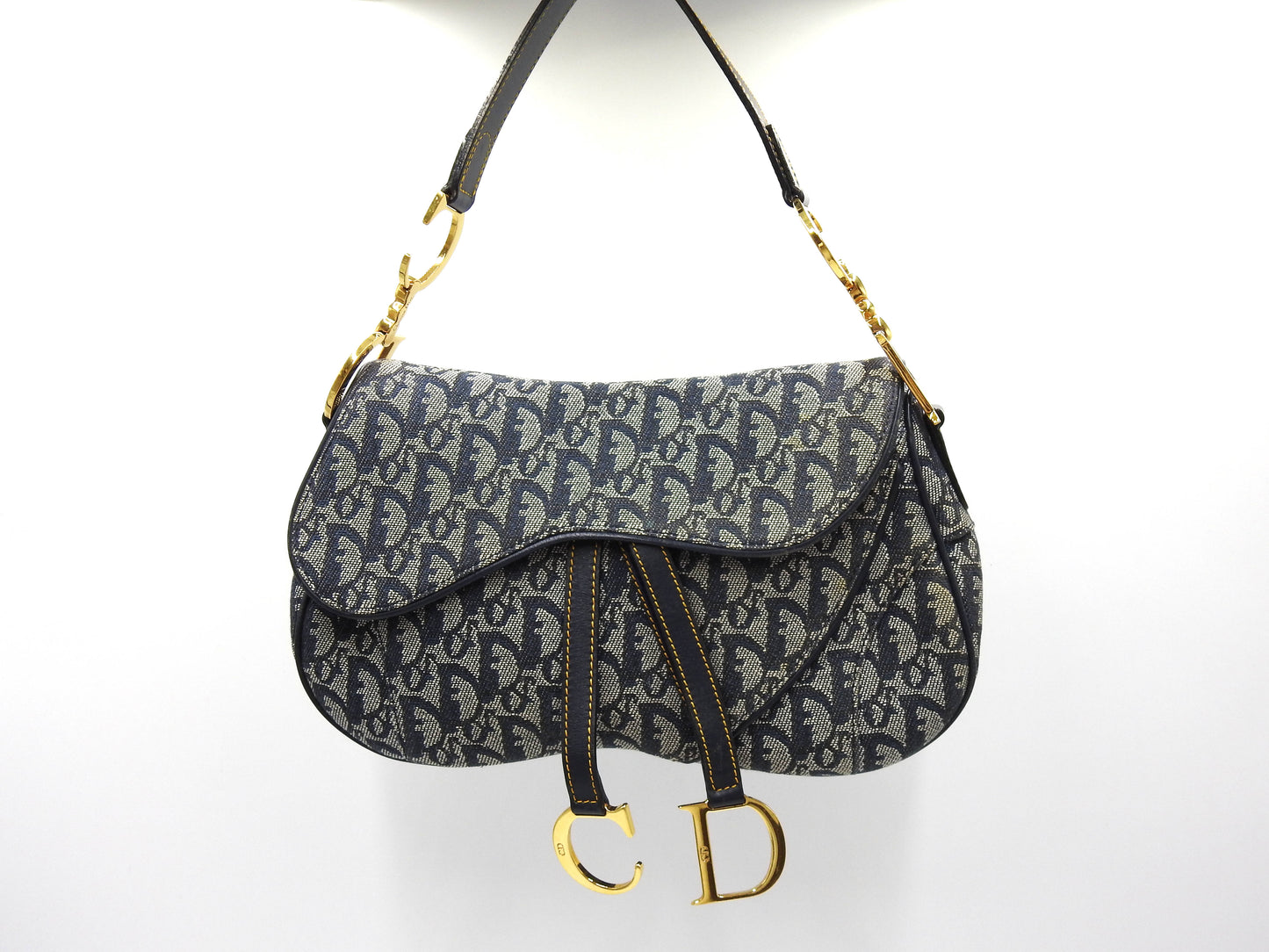 Christian Dior Trotter Oblique W Saddle Bag Shoulder Hand Bag Canvas Navy