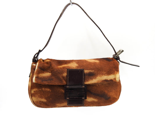 FENDI Leopard Mamma Baguette Shoulder Hand Bag Leather Brown Silver