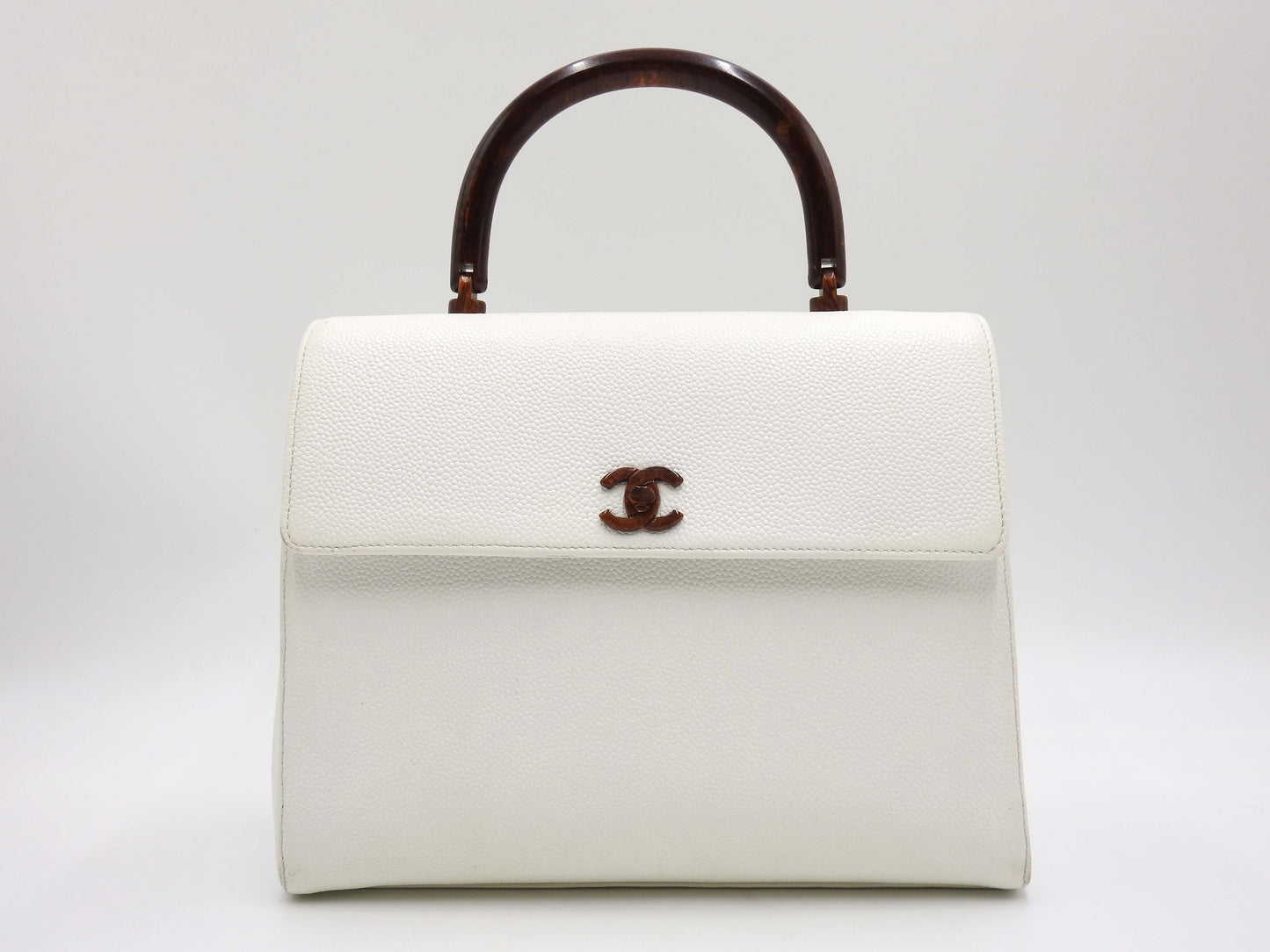 CHANEL CC Kelly Flap Wood Hand Bag Caviarskin Leather White