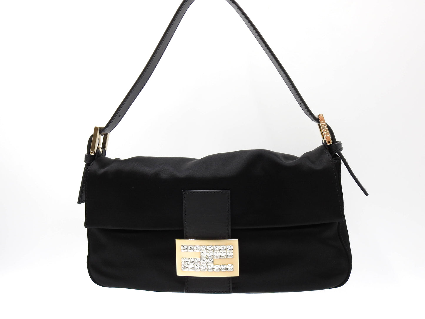 FENDI Mamma Baguette Shoulder Hand Bag Satin Leather Crystal Black 8BR600