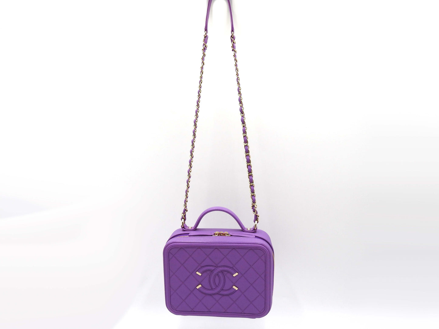 CHANEL CC Filigree Matelasse Shoulder Vanity Bag Caviarskin Purple A93343