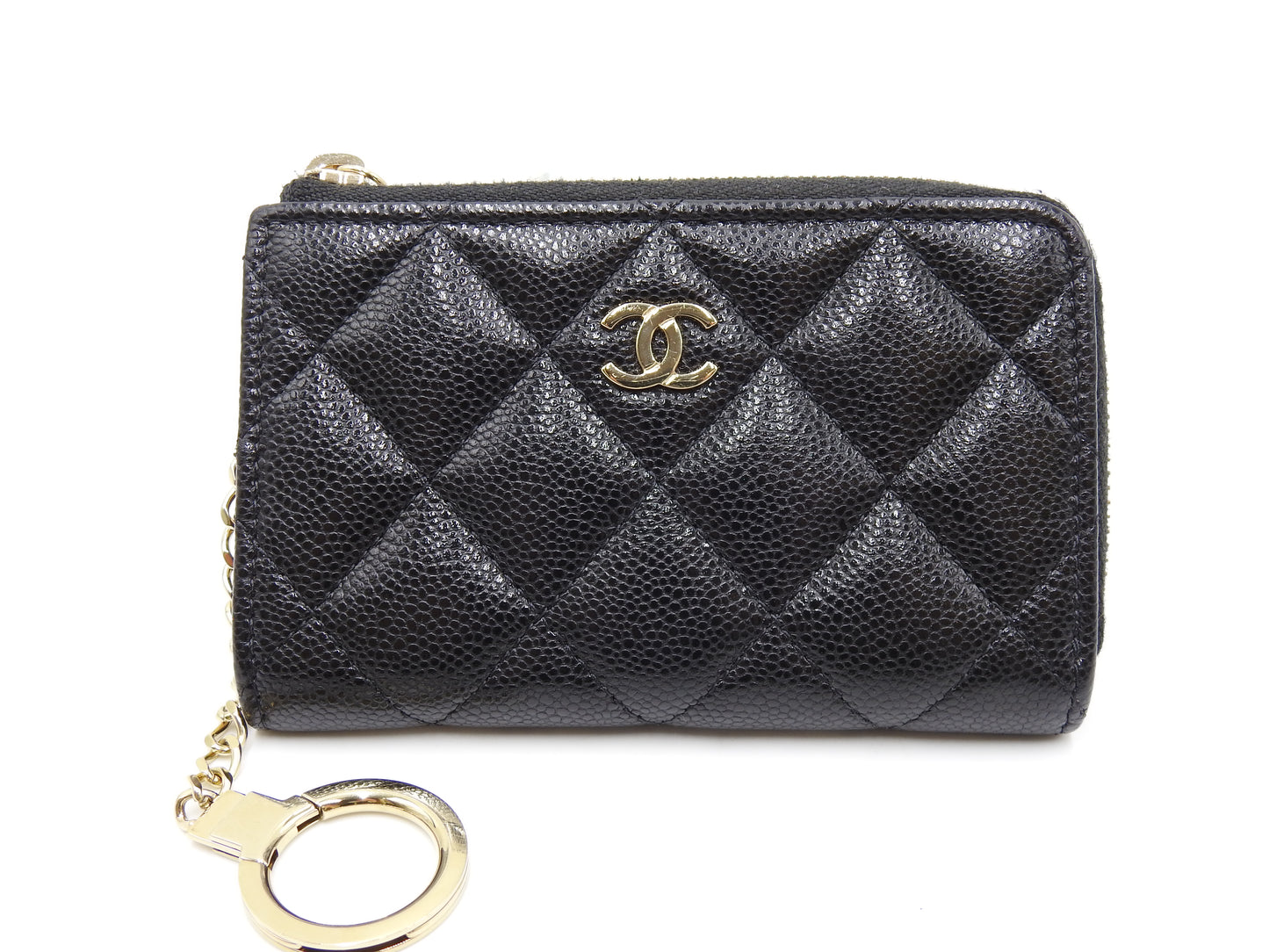 Chanel CC Matelasse Zipped Coin Purse Key Holder Caviarskin Black AP0221
