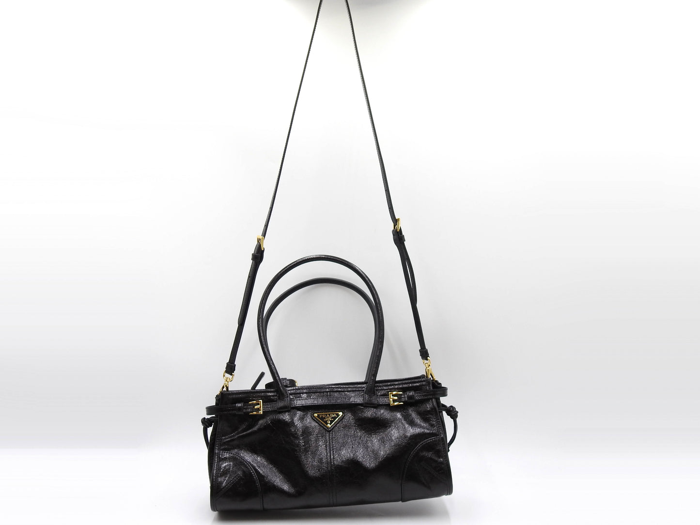 PRADA Bonnie Medium 2way Shoulder Hand Bag Leather Black Gold 1BA426