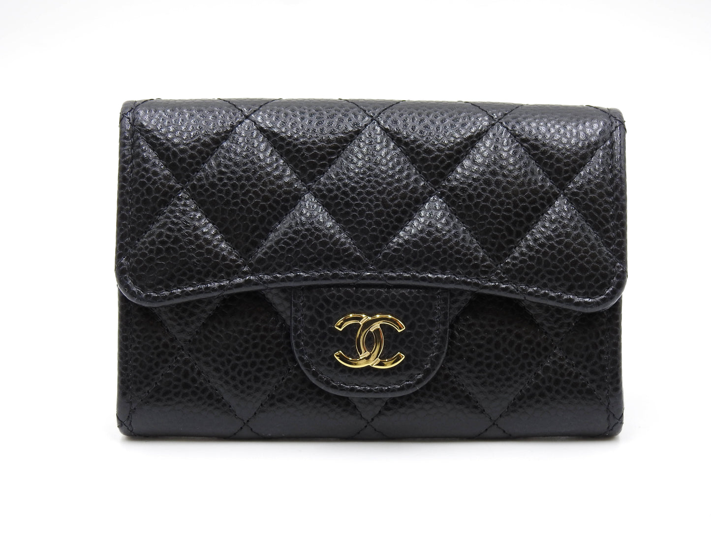 CHANEL CC Matelasse Card Case Holder Caviarskin Black Gold AP0214