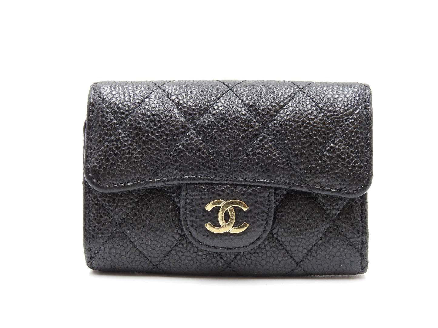 CHANEL CC Matelasse 4 Ring Key Holder Case Caviarskin Black Gold AP0222