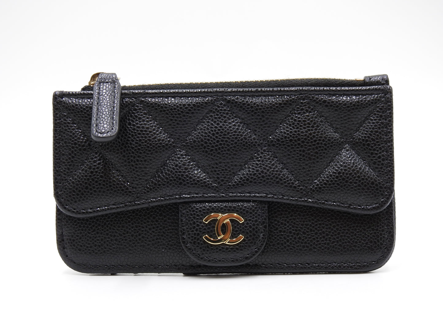 CHANEL CC Matelasse Zip Coin Purse Card Holder Case Caviarskin Black AP2570