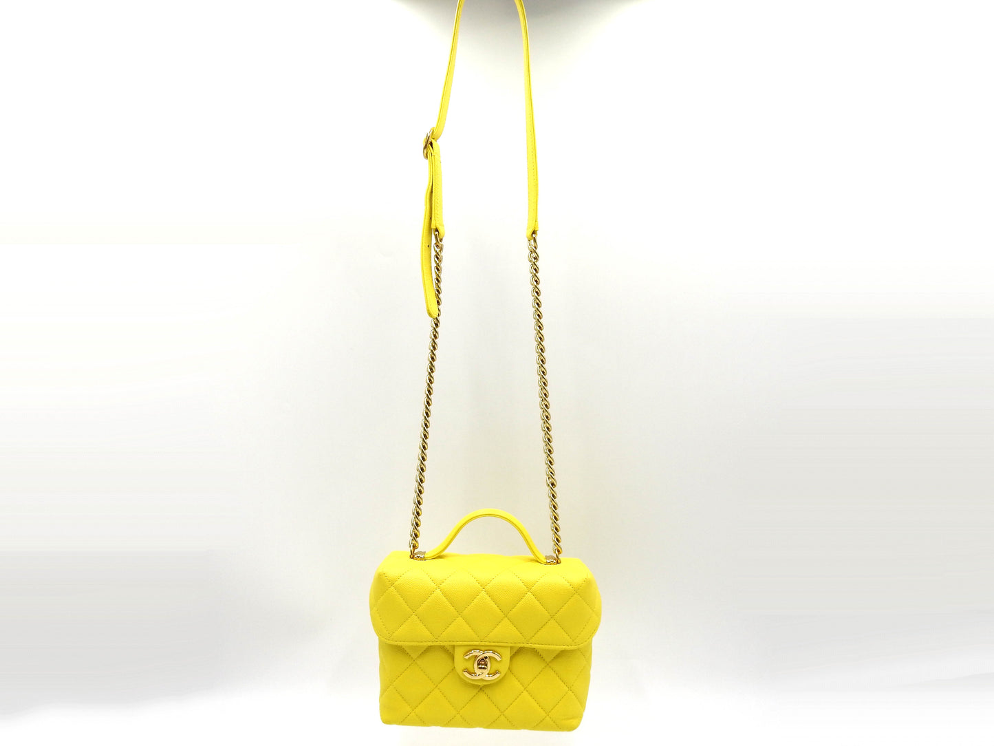 CHANEL CC Matelasse Top Handle Chain Shoulder Bag Caviarskin Yellow AS3729