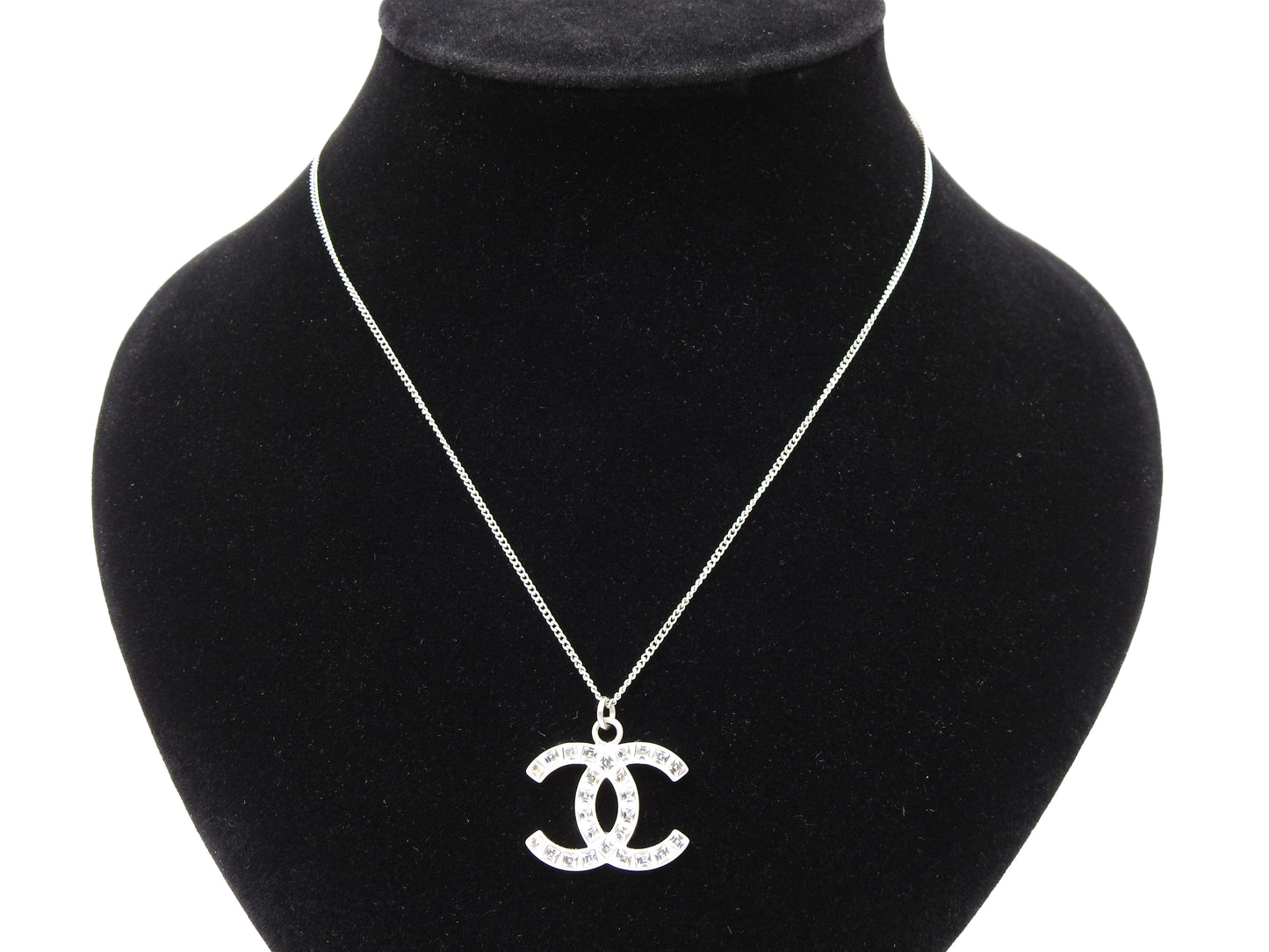 CHANEL CC Rhinestone Pendant Necklace SV Silver B12P