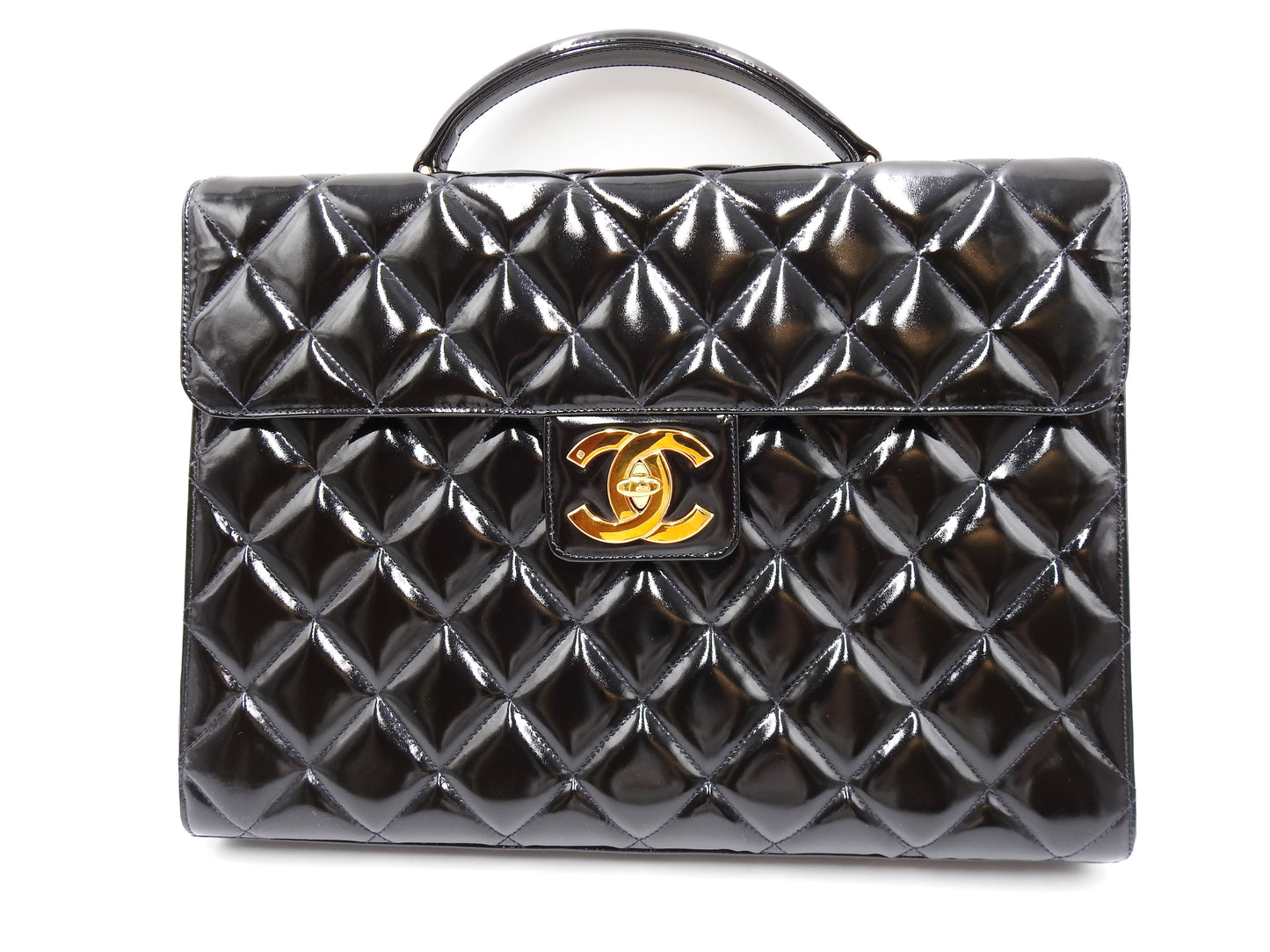 CHANEL CC Matelasse Briefcase Business Bag Enamel Patent Leather Black