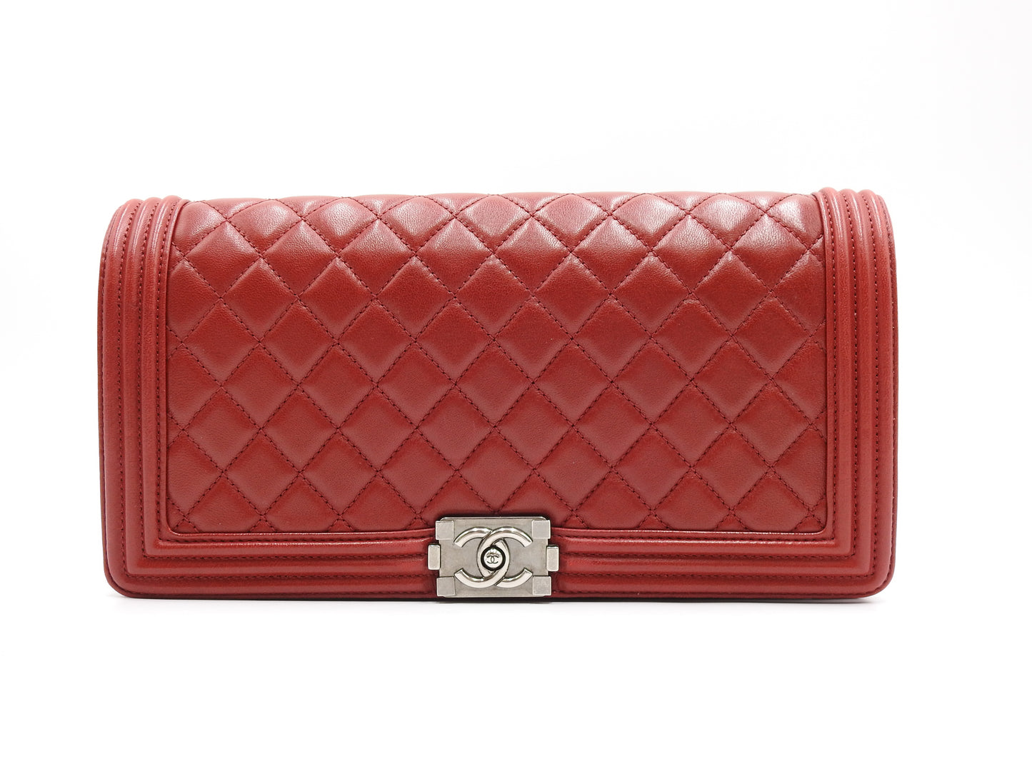 CHANEL CC Matelasse Boy Flap Clutch Second Bag Lambskin Leather Red