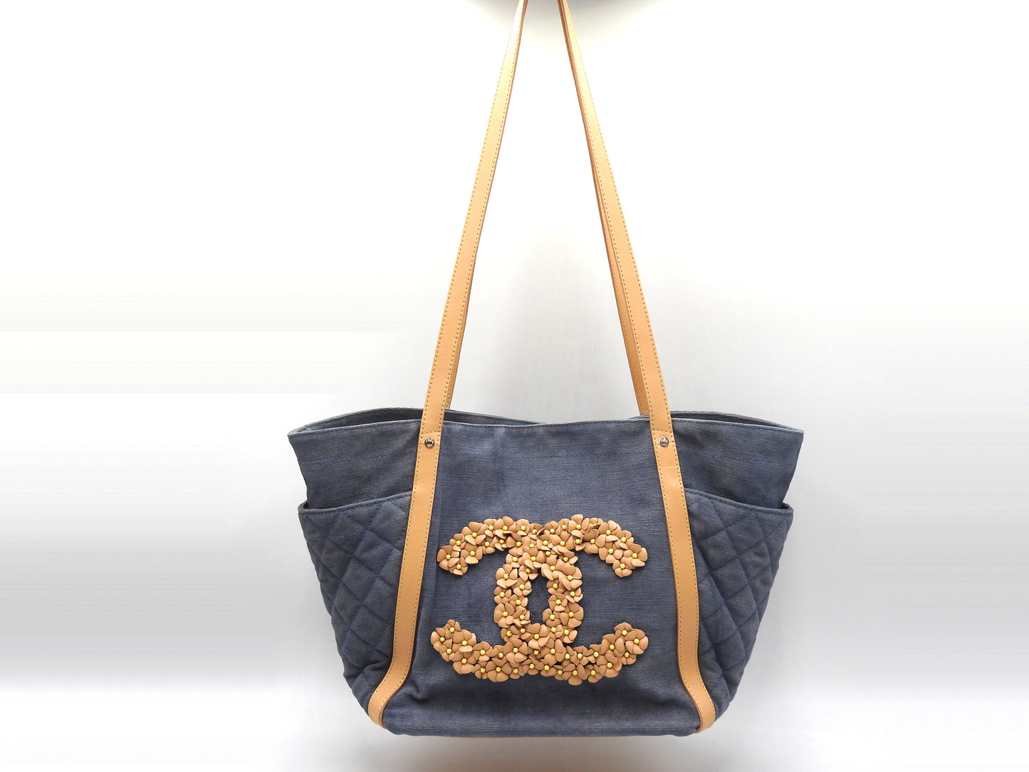 CHANEL CC Flower Shoulder Tote Bag Washed Denim Leather Blue Beige
