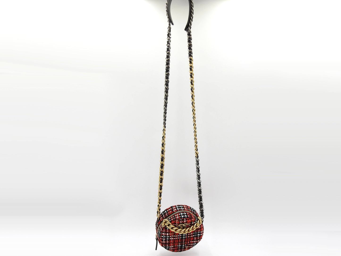 CHANEL 19 Round Chain Clutch Shoulder Bag Tweed Leather Red Black AP0945