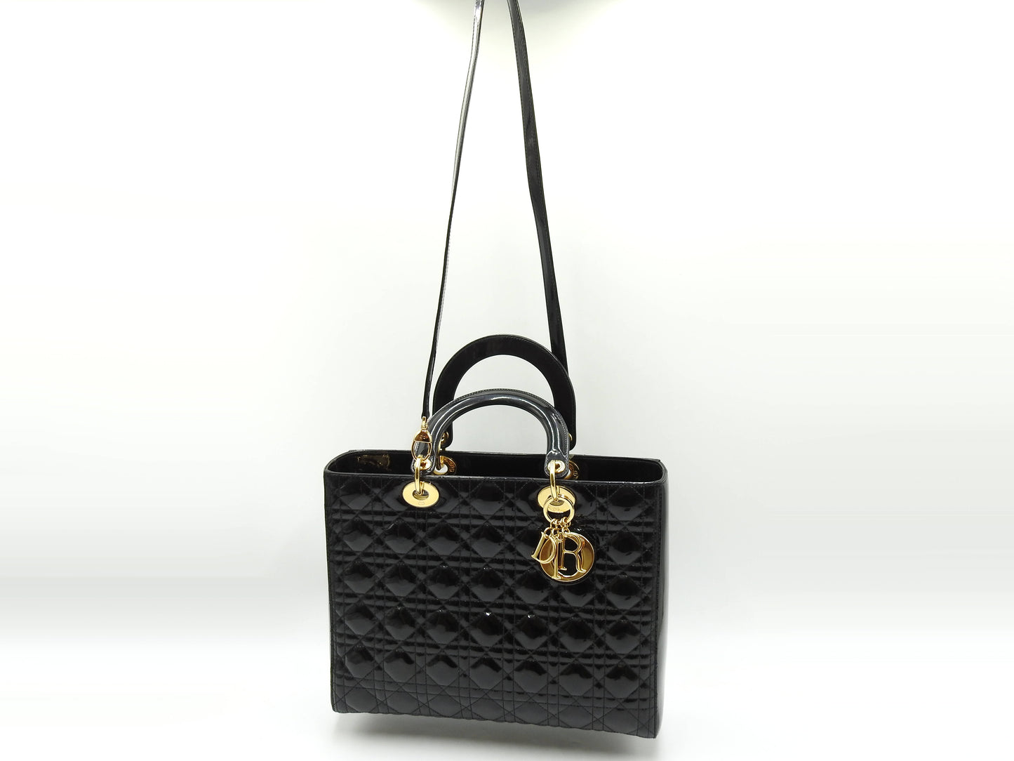 Christian Dior Lady Dior Large Cannage Hand Tote Bag Enamel Patent Leather