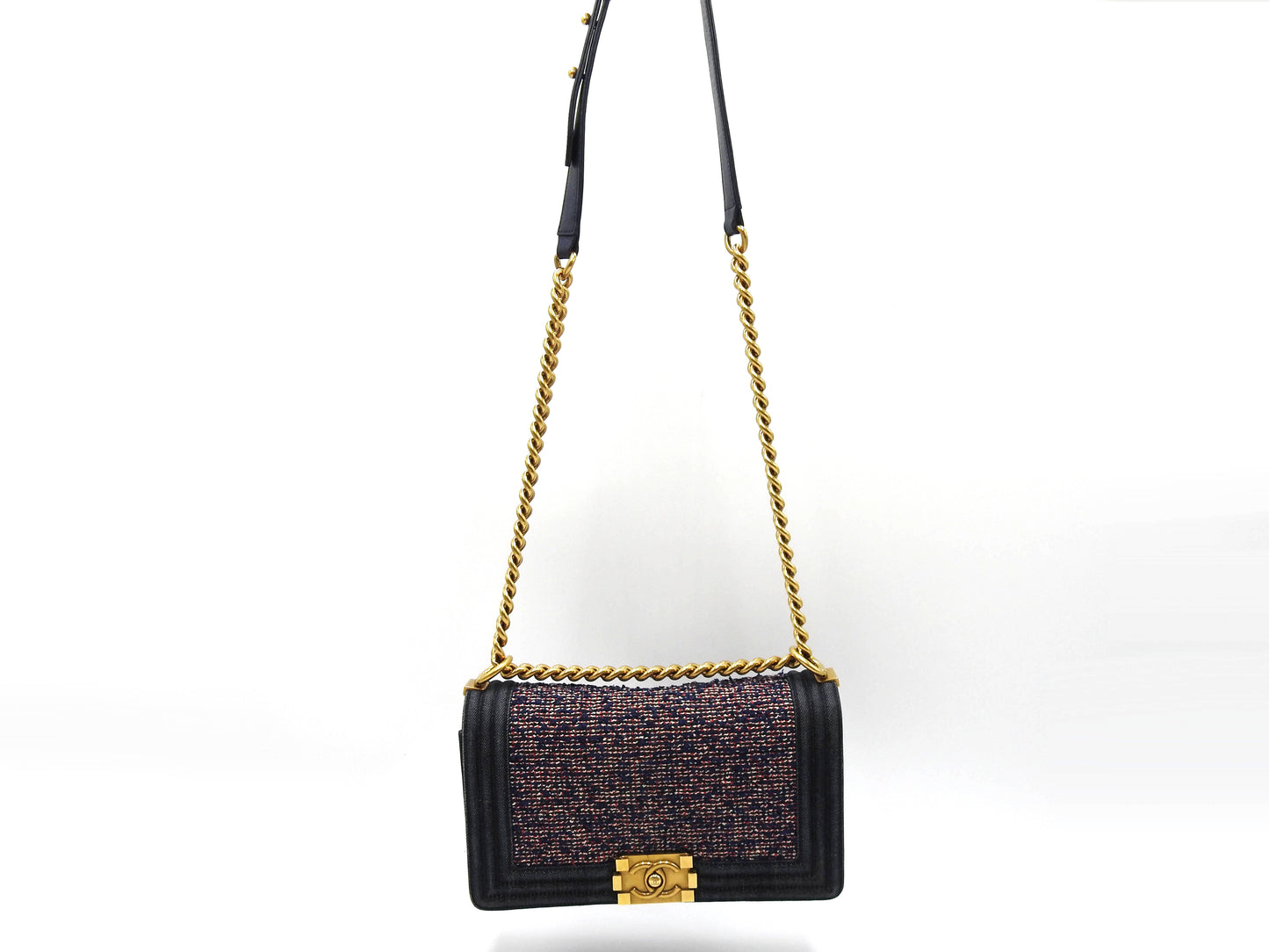 CHANEL Medium Boy Flap 25 Chain Shoulder Bag Denim Tweed Blue Gold A67086
