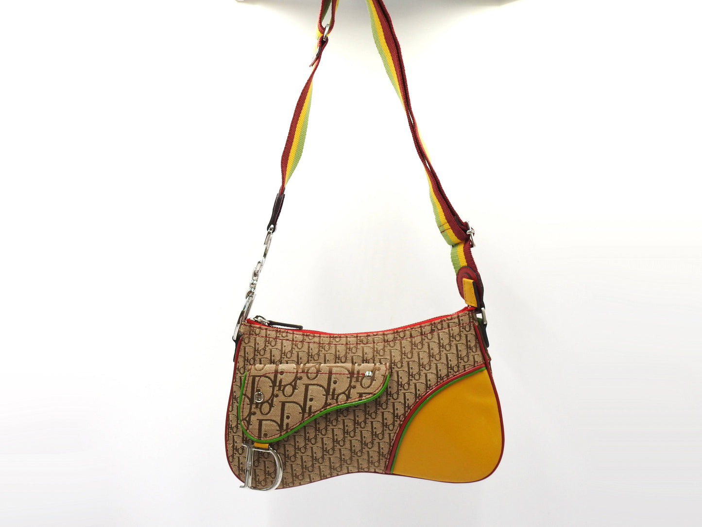Christian Dior Trotter Rasta Saddle Crossbody Shoulder Bag Canvas Beige