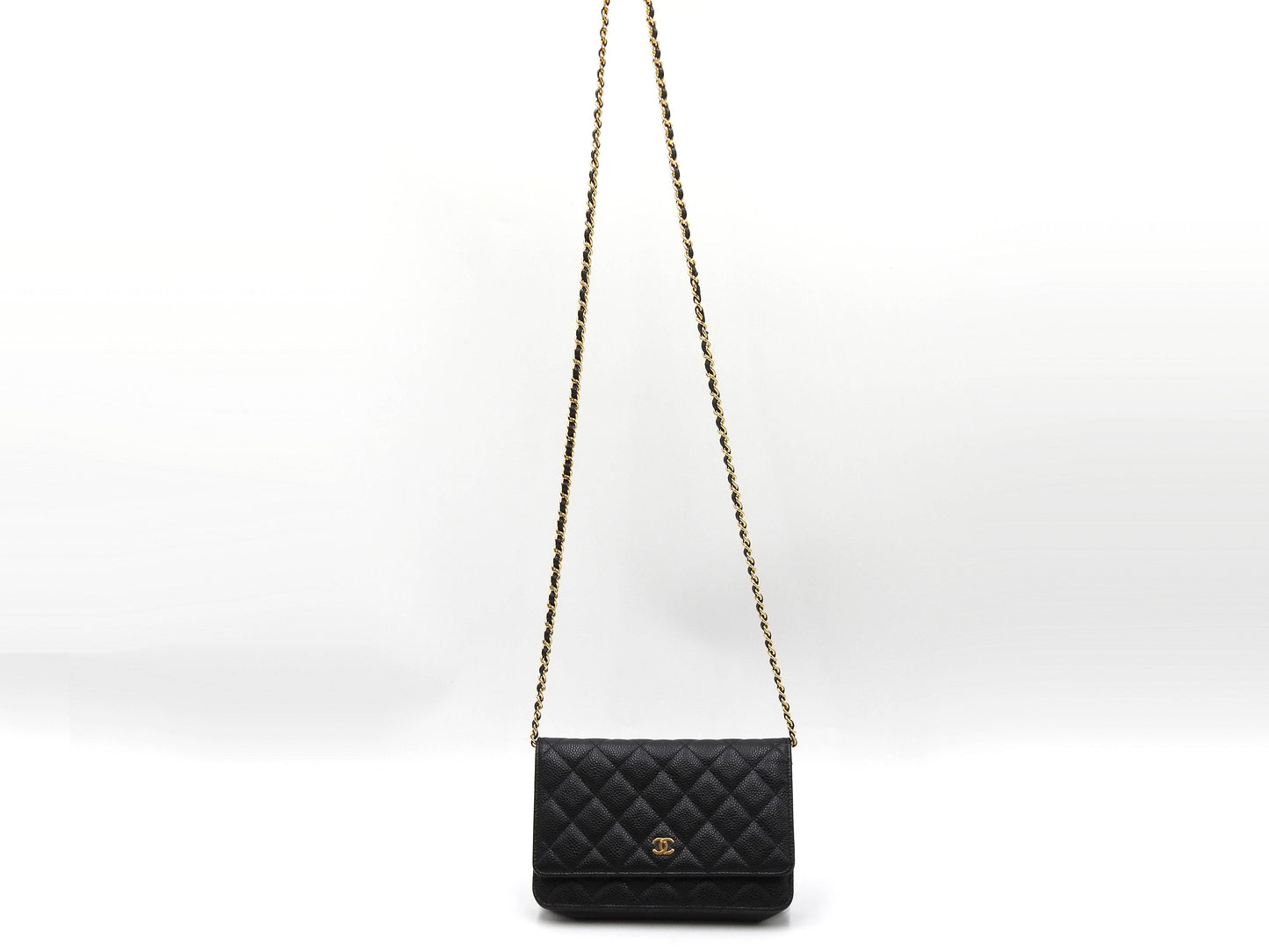CHANEL CC Matelasse Wallet On Chain Shoulder Bag Caviarskin Black AP0250