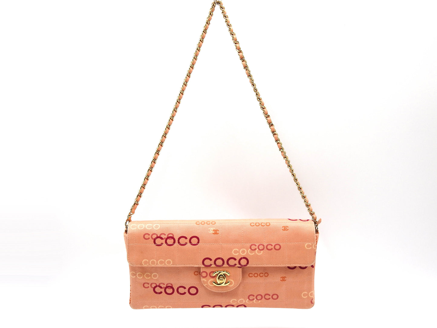 CHANEL COCO Chocolate Bar Chain Shoulder Bag Canvas Pink Gold A15316