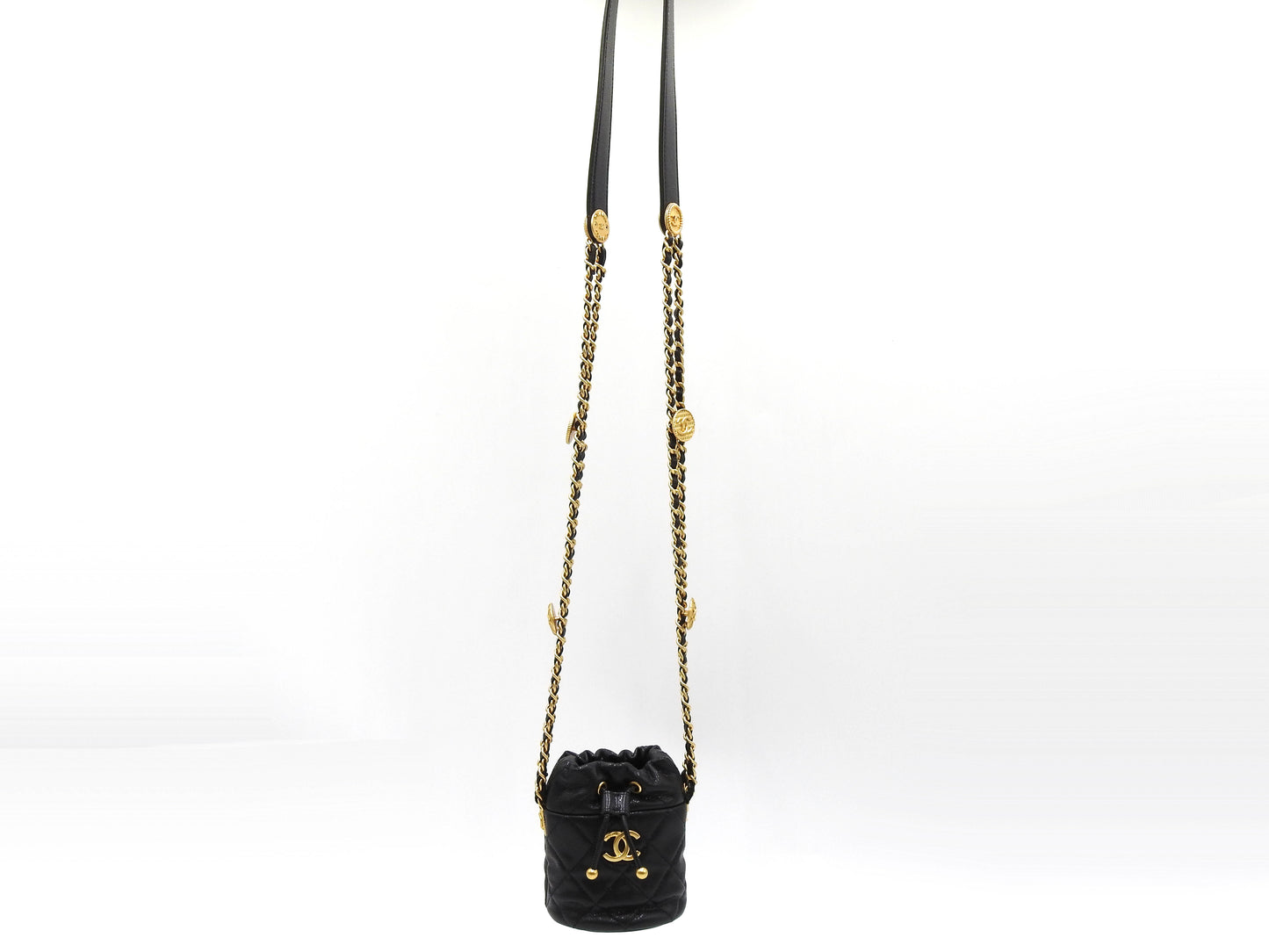 CHANEL CC Matelasse Mini Chain Bucket Shoulder Bag Caviarskin Black Gold