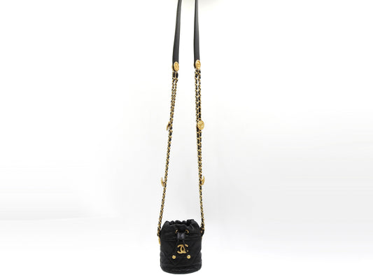 CHANEL CC Matelasse Mini Chain Bucket Shoulder Bag Caviarskin Black Gold