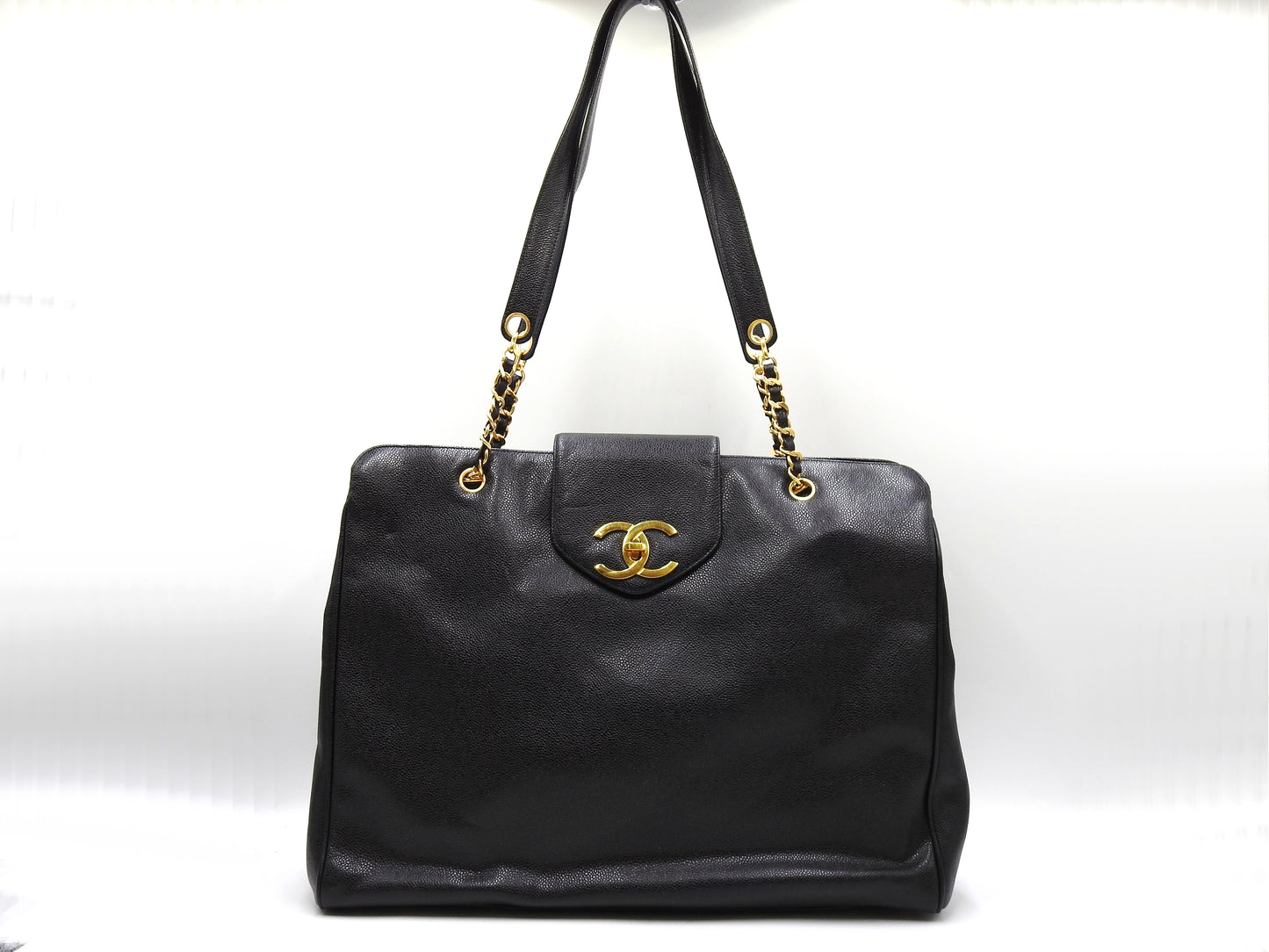 CHANEL Vintage Super Model Chain Shoulder Bag Tote Bag Caviarskin Black