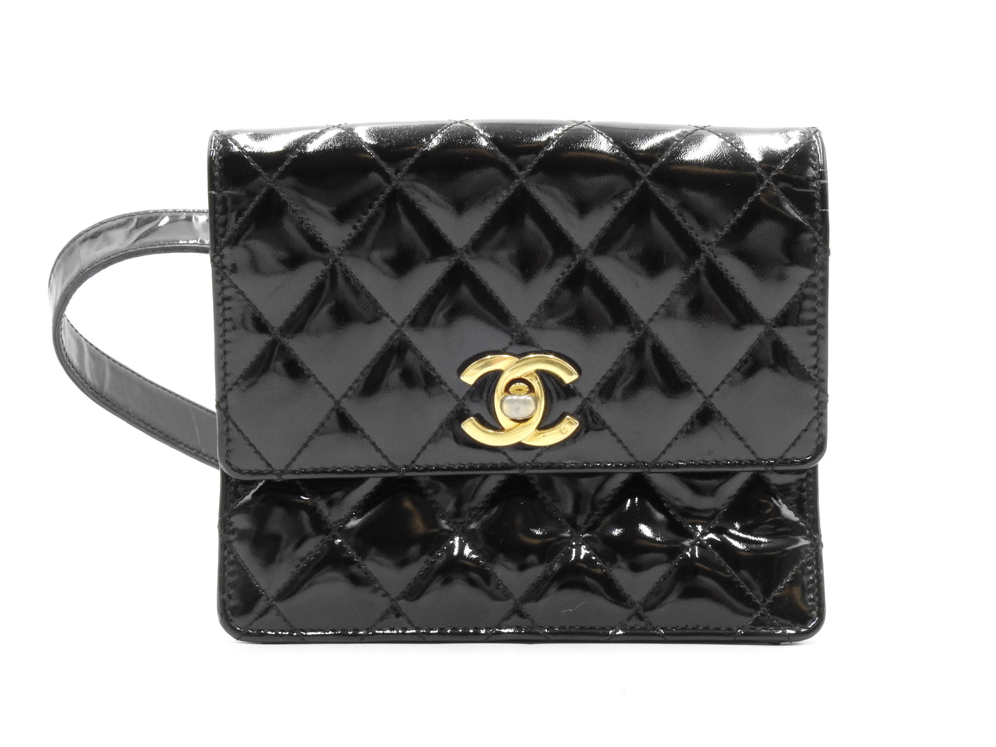 CHANEL CC Matelasse Mini Waist Belt Bag Enamel Patent Leather Black Gold