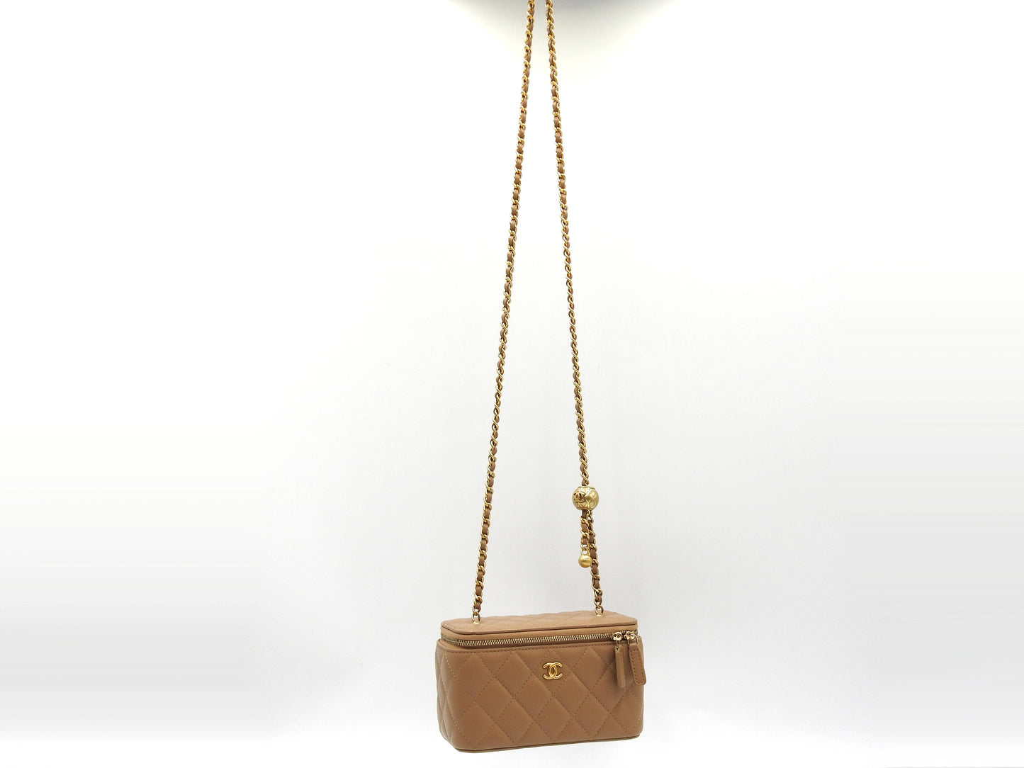 CHANEL Pearl Crush Vanity Case Chain Shoulder Bag Lambskin Beige Gold