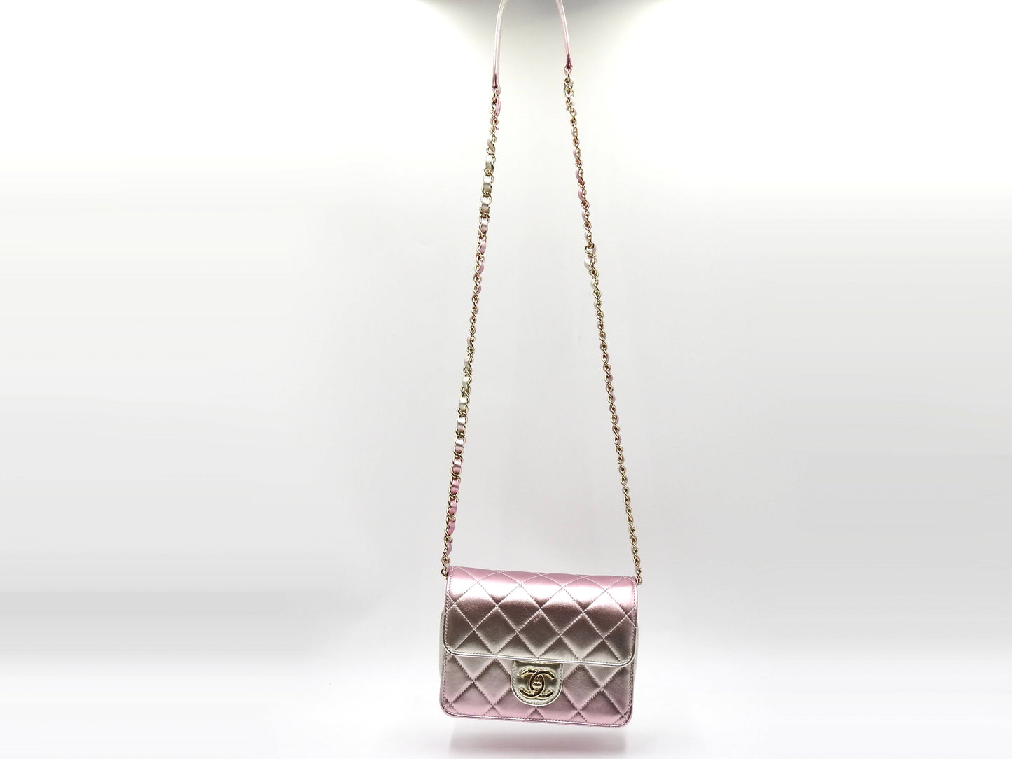 CHANEL Mini Flap Chain Shoulder Bag Lambskin Metallic Silver Pink AS3002