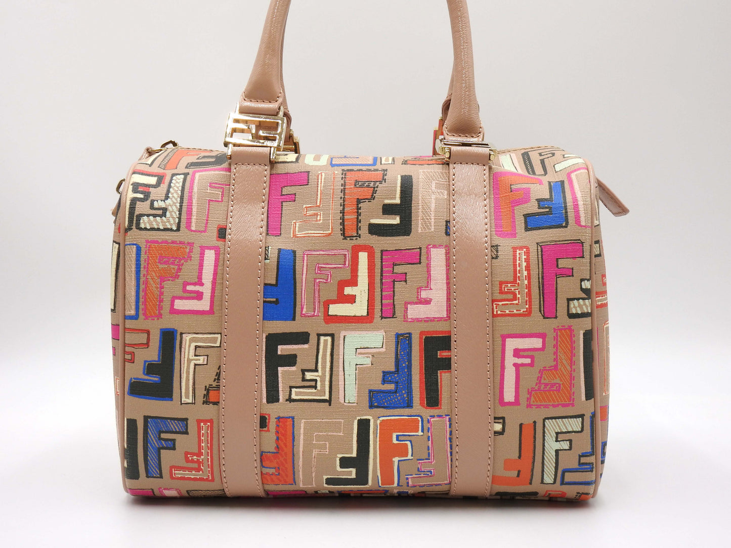 FENDI Zucca Boston Hand Bag PVC Leather Beige Multicolor 8BL068