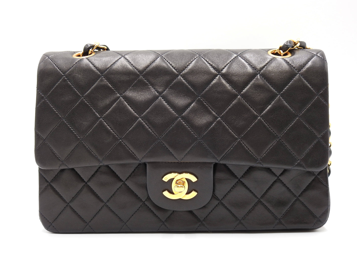 CHANEL Matelasse 25 Double Flap Chain Shoulder Bag Lambskin Black A01112