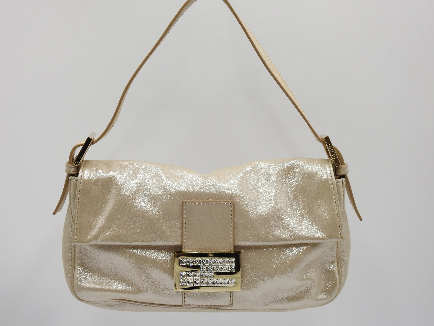 FENDI Crystal Mamma Baguette Shoulder Hand Bag Leather Beige Gold 8BR600