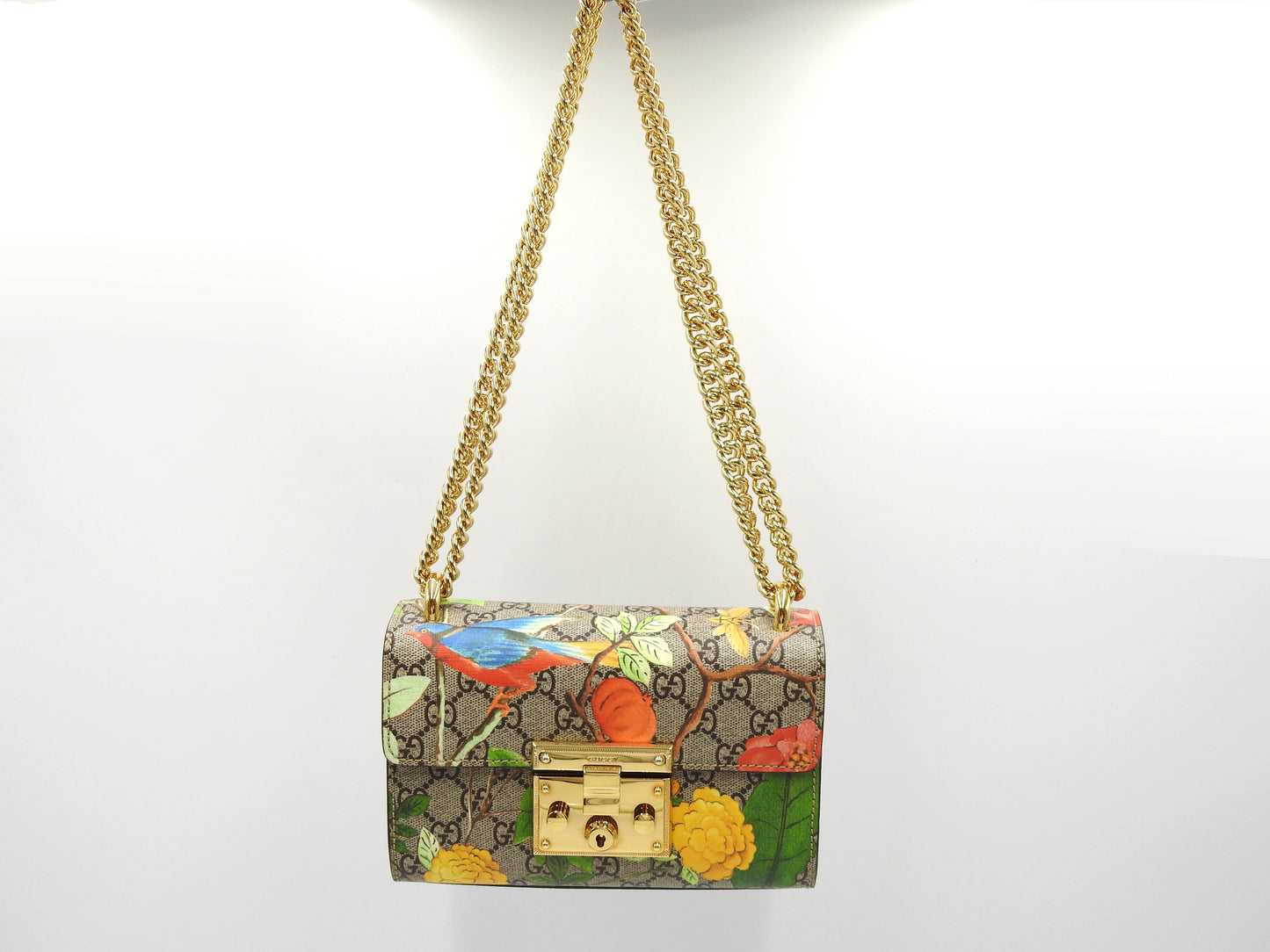 GUCCI GG Supreme Tian Padlock Small Chain Shoulder Bag Beige Brown 409487