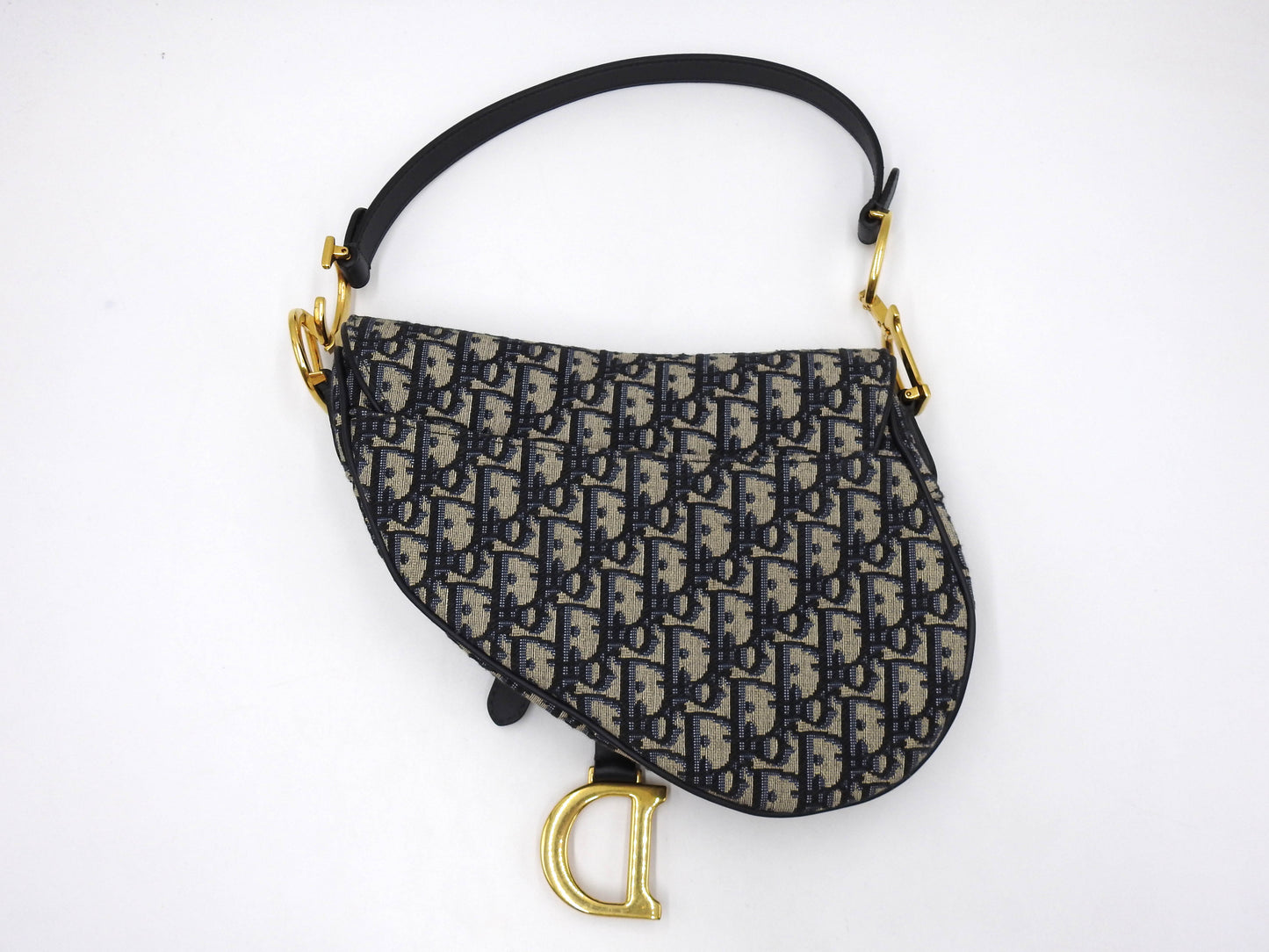 Christian Dior Oblique Jacquard Saddle Bag Shoulder Hand Bag Leather Navy