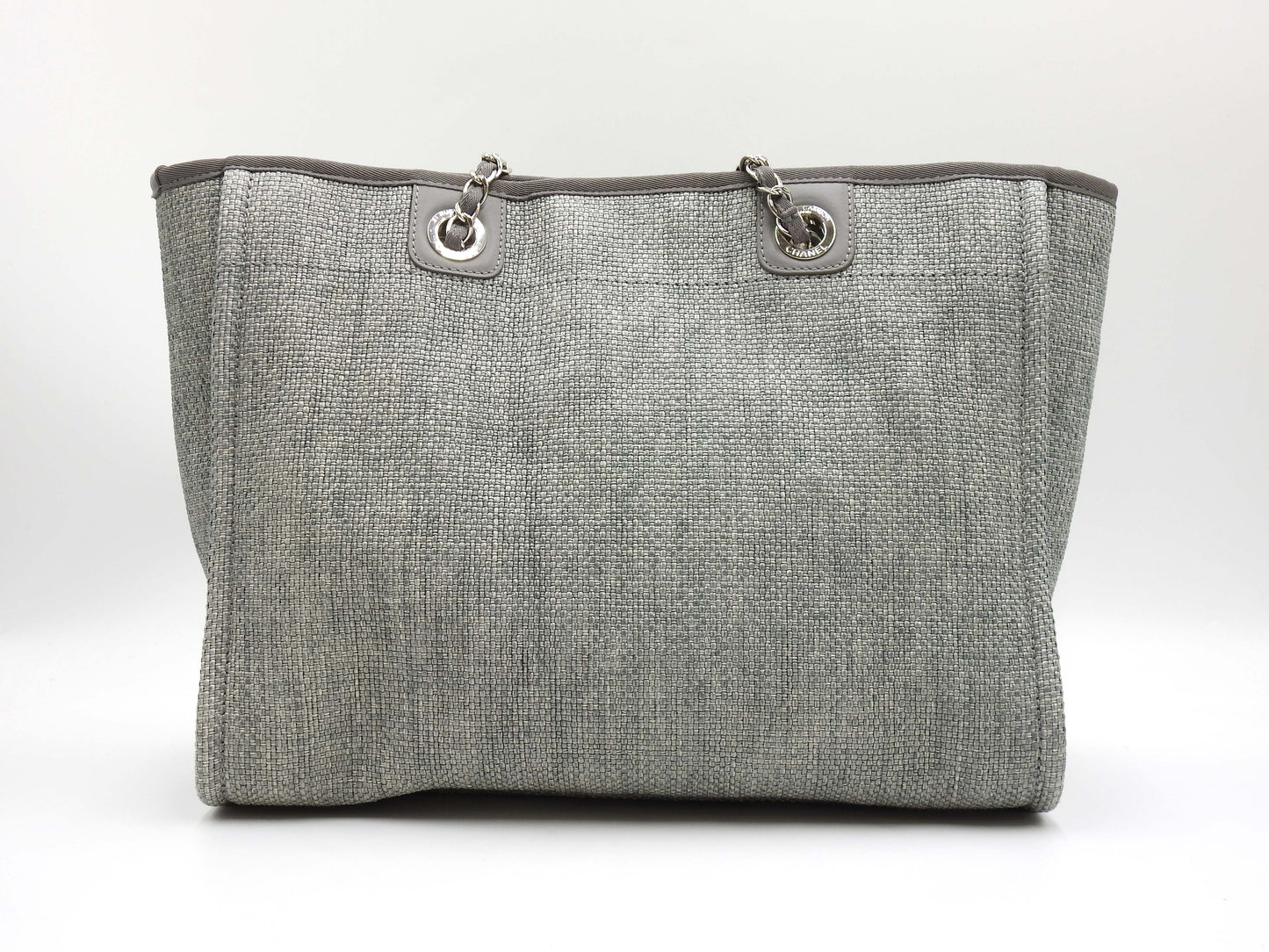 CHANEL Deauville MM Tote Bag Shoulder Bag Straw Canvas Gray Silver A67001