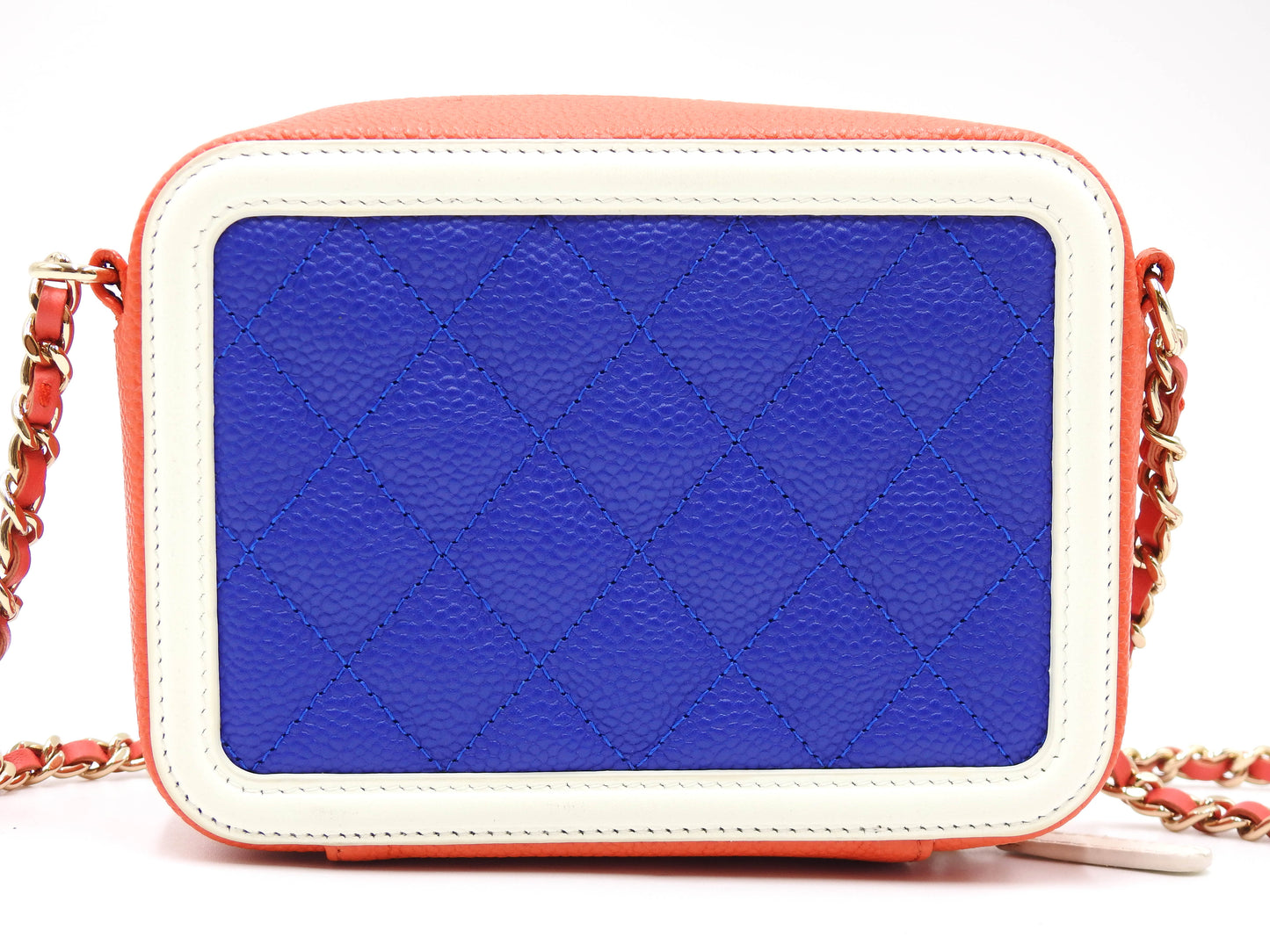 CHANEL CC Filigree Matelasse Chain Shoulder Vanity Bag Caviarskin Blue Red
