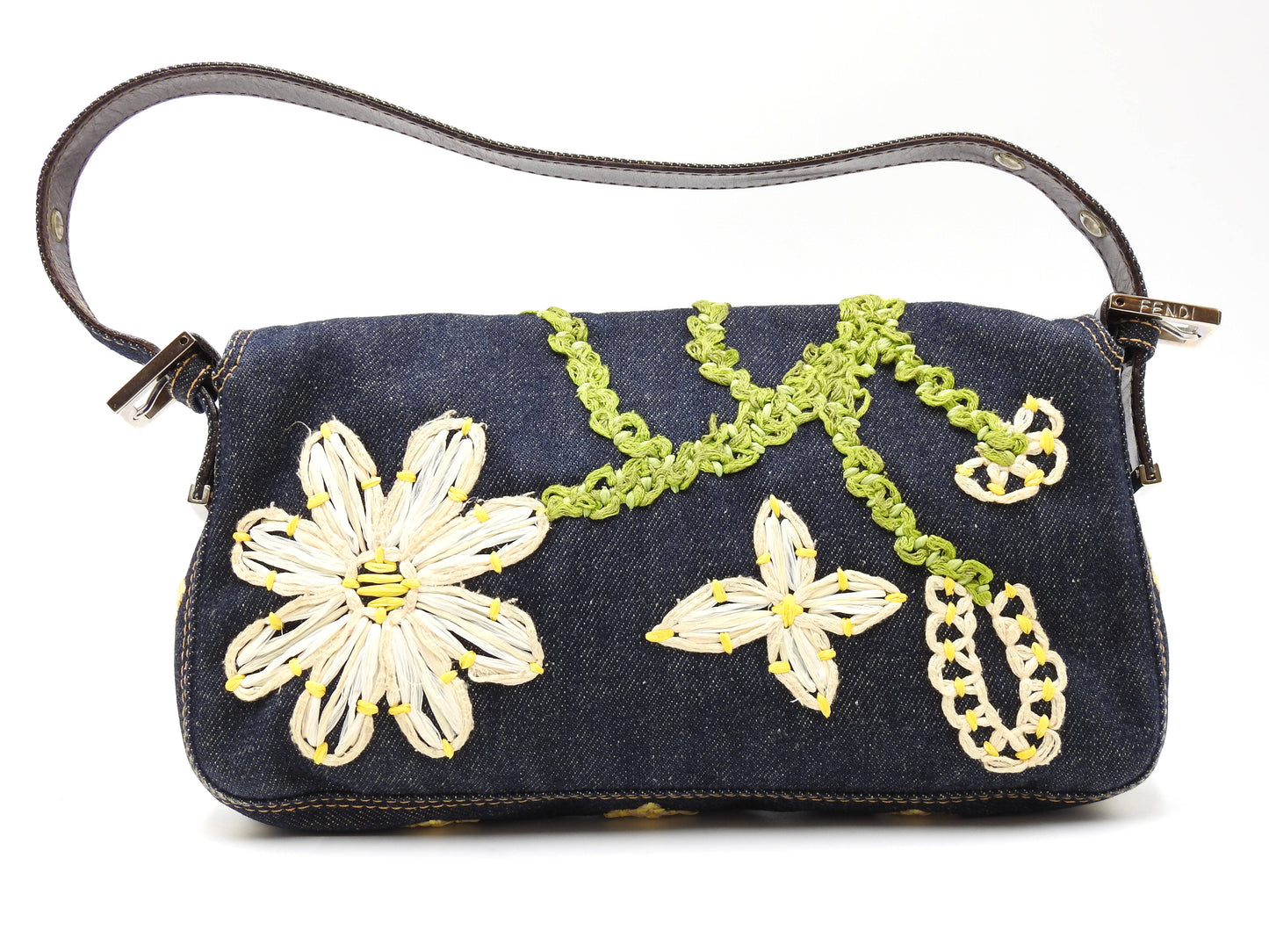 FENDI Denim Mamma Baguette Shoulder Hand Bag Flower Embroidered Navy