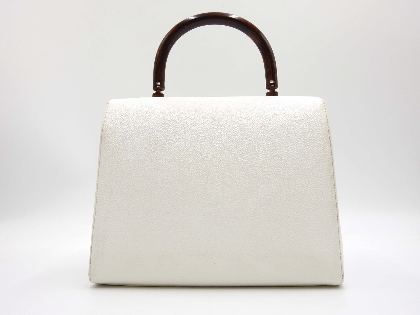 CHANEL CC Kelly Flap Wood Hand Bag Caviarskin Leather White