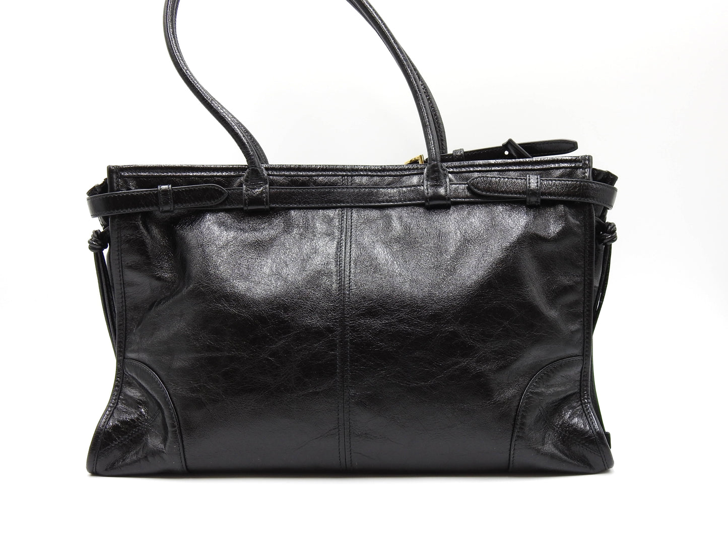 PRADA Bonnie Large 2way Shoulder Hand Bag Leather Black Gold Metal 1BA433