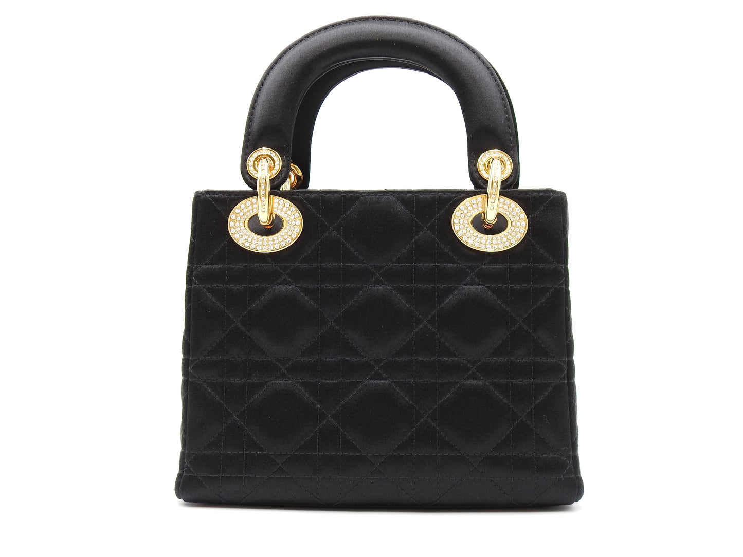 Christian Dior Lady Dior Mini Cannage Hand Bag Satin Crystal Black Gold