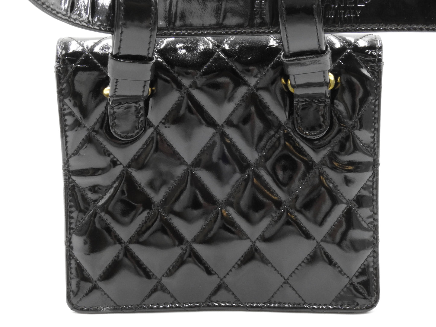 CHANEL CC Matelasse Mini Waist Belt Bag Enamel Patent Leather Black Gold