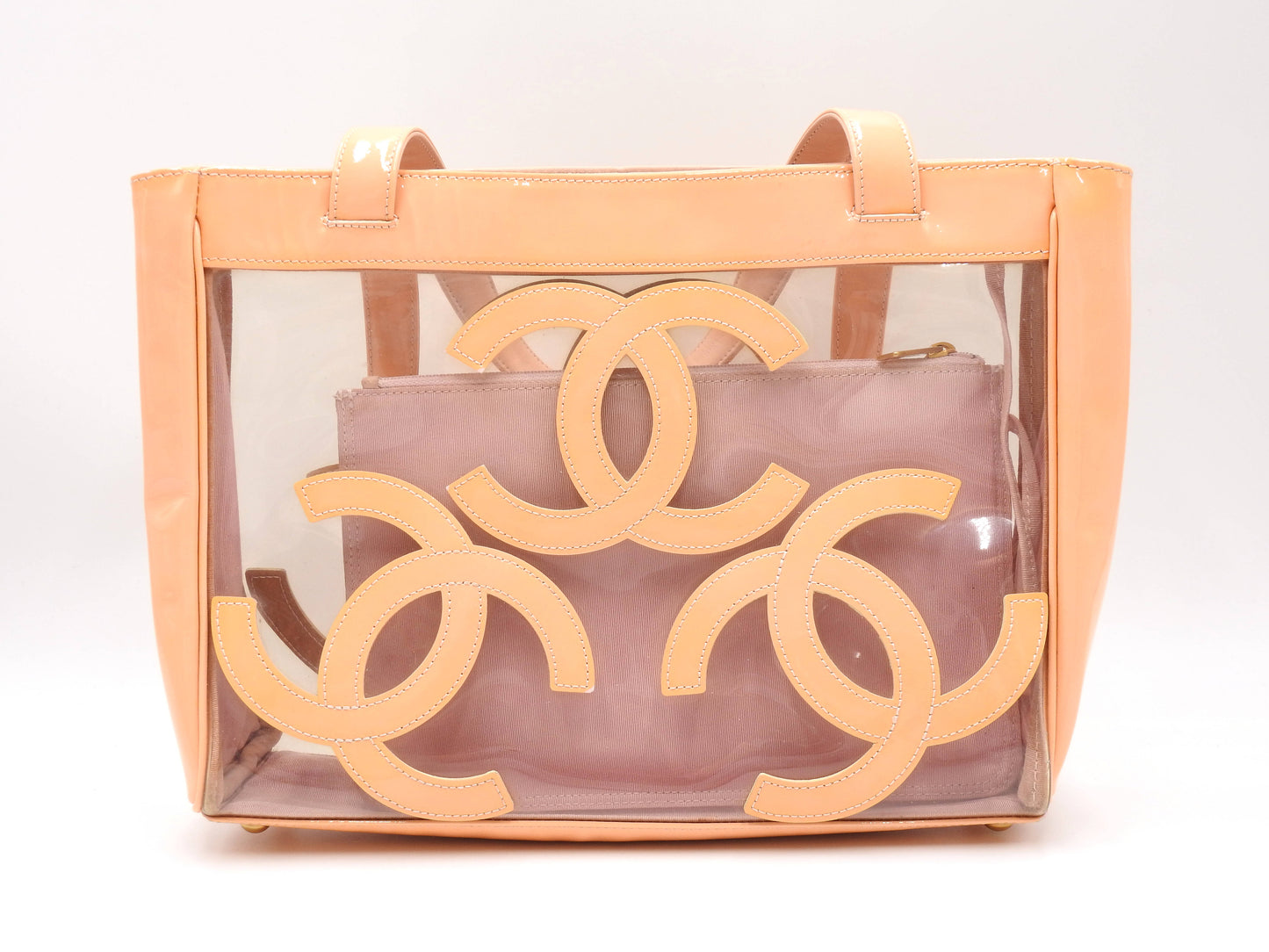 CHANEL Triple Coco Vinyl Patent Leather Shoulder Tote Bag Beige Clear