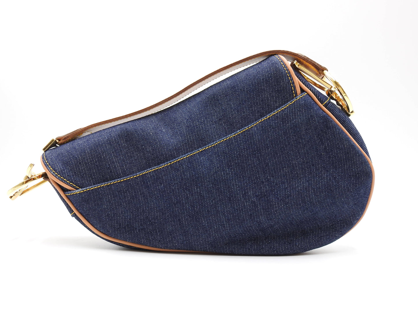 Christian Dior Saddle Bag Shoulder Hand Bag Denim Canvas Leather Navy Gold