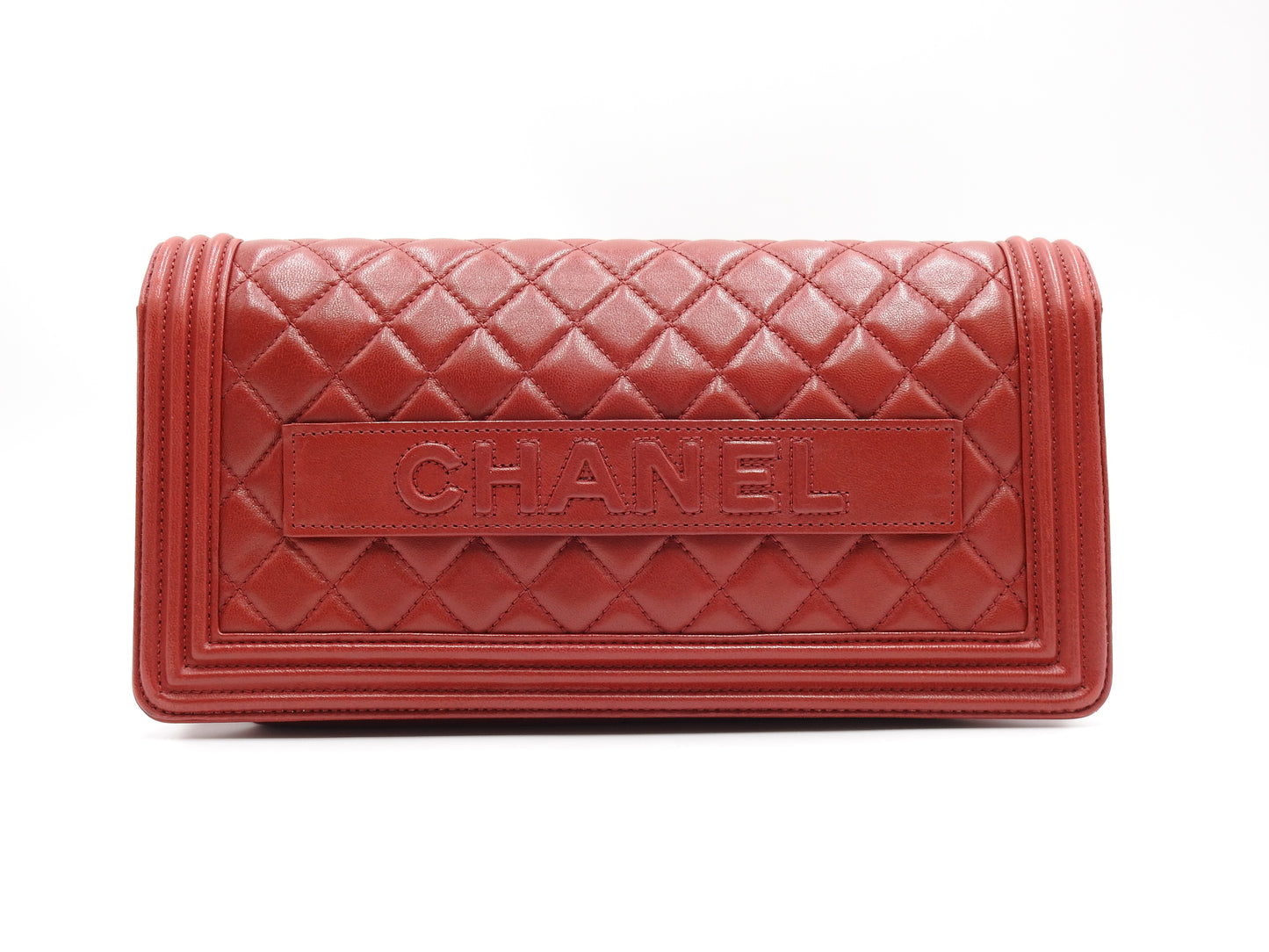 CHANEL CC Matelasse Boy Flap Clutch Second Bag Lambskin Leather Red