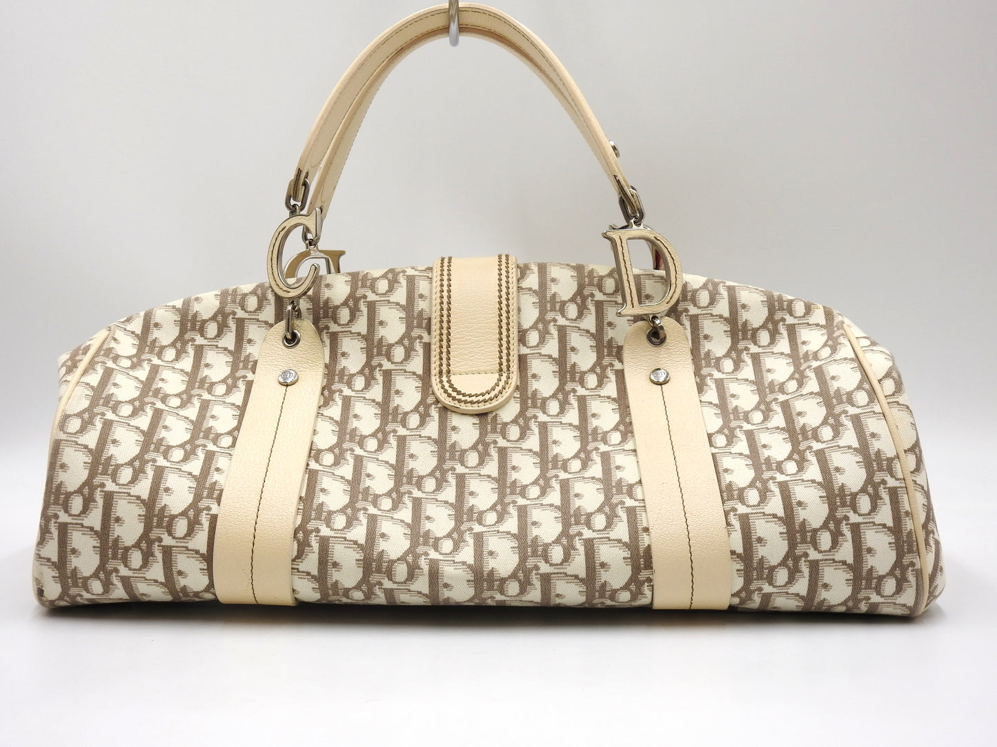 Christian Dior Trotter Embroidered Flower Tote Hand Bag Canvas Beige