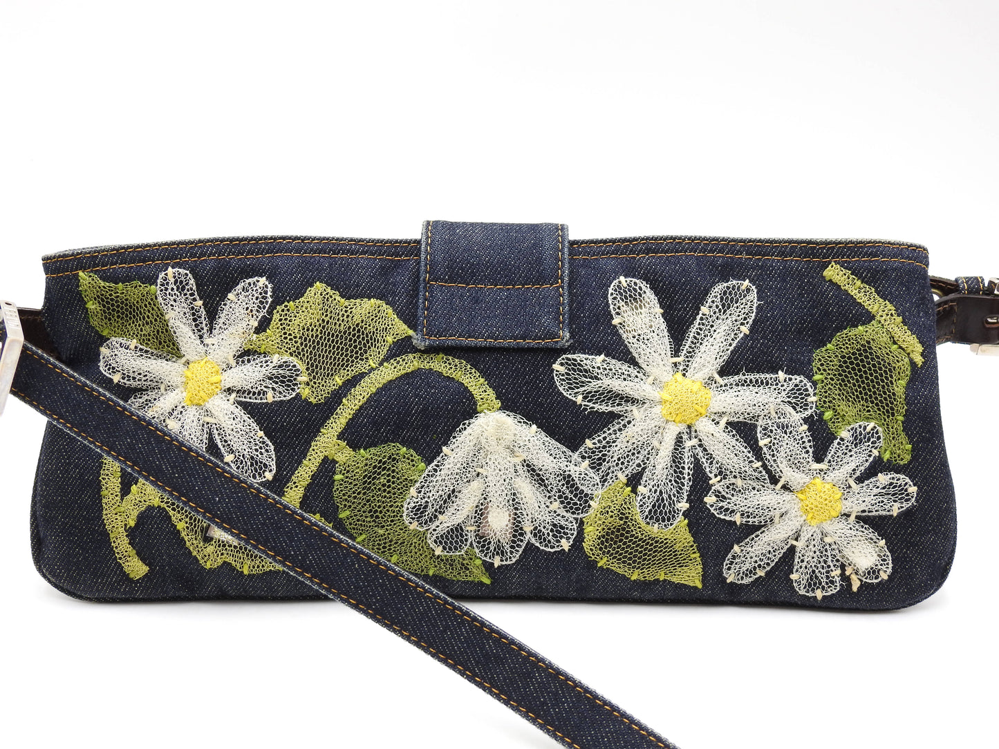 FENDI Denim Mamma Baguette Shoulder Hand Bag Flower Embroidered Navy