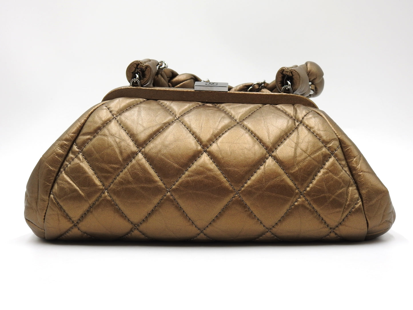 CHANEL Matelasse Vintage Calf Kiss Lock Hand Bag Leather Metallic Gold