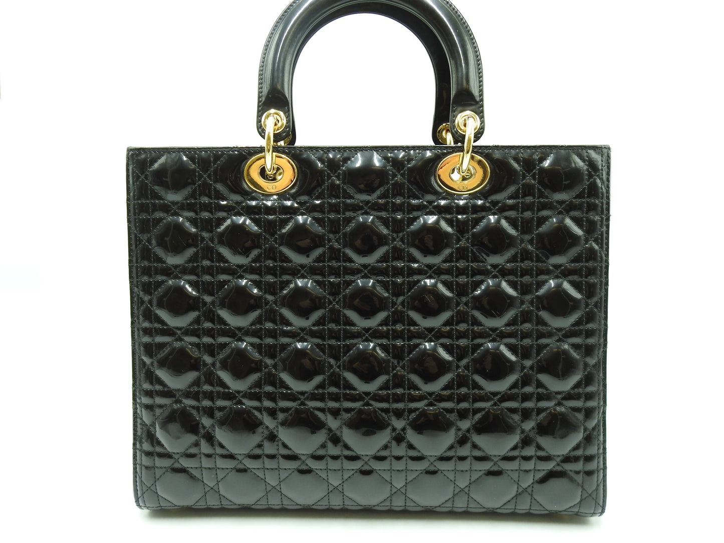Christian Dior Lady Dior Large Cannage Hand Tote Bag Enamel Patent Leather